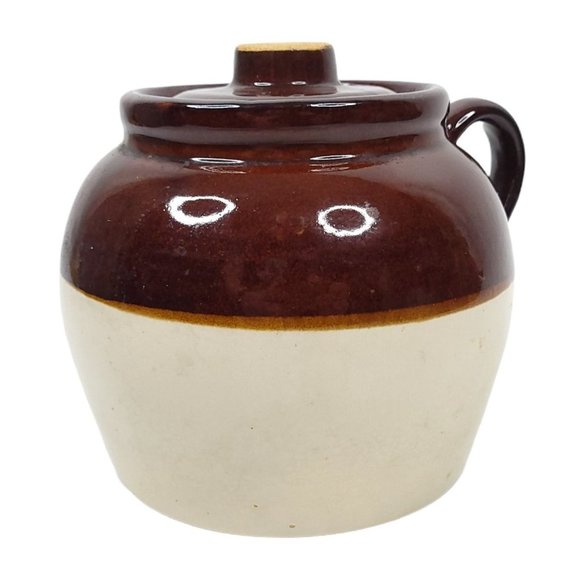 Vintage Bean Pot Soup Crock Stoneware Pottery Handle Made In USA Brown Cream - Picture 4 of 12